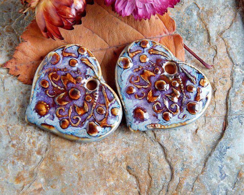 Purple heart ceramic charms, 2pcs rustic flower pendants, dangle earring findings, large boho jewelry making supplies, porcelain charms image 3