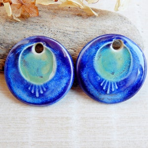 Round handcrafted earring charms, Pair dangle ceramic beads, Boho ceramic pendant for making jewelry, 2 pcs handmade blue focal image 3