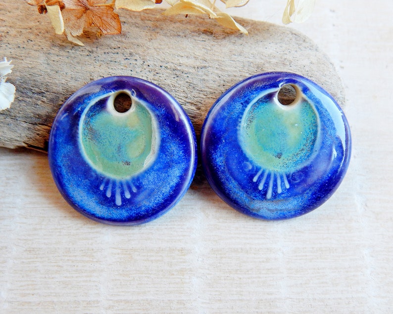 Round handcrafted earring charms, Pair dangle ceramic beads, Boho ceramic pendant for making jewelry, 2 pcs handmade blue focal image 3
