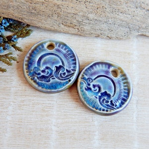 Celestial ceramic earring charms, Pair purple small charms, Artisan round cloud components, Handmade boho findings for making jewelry