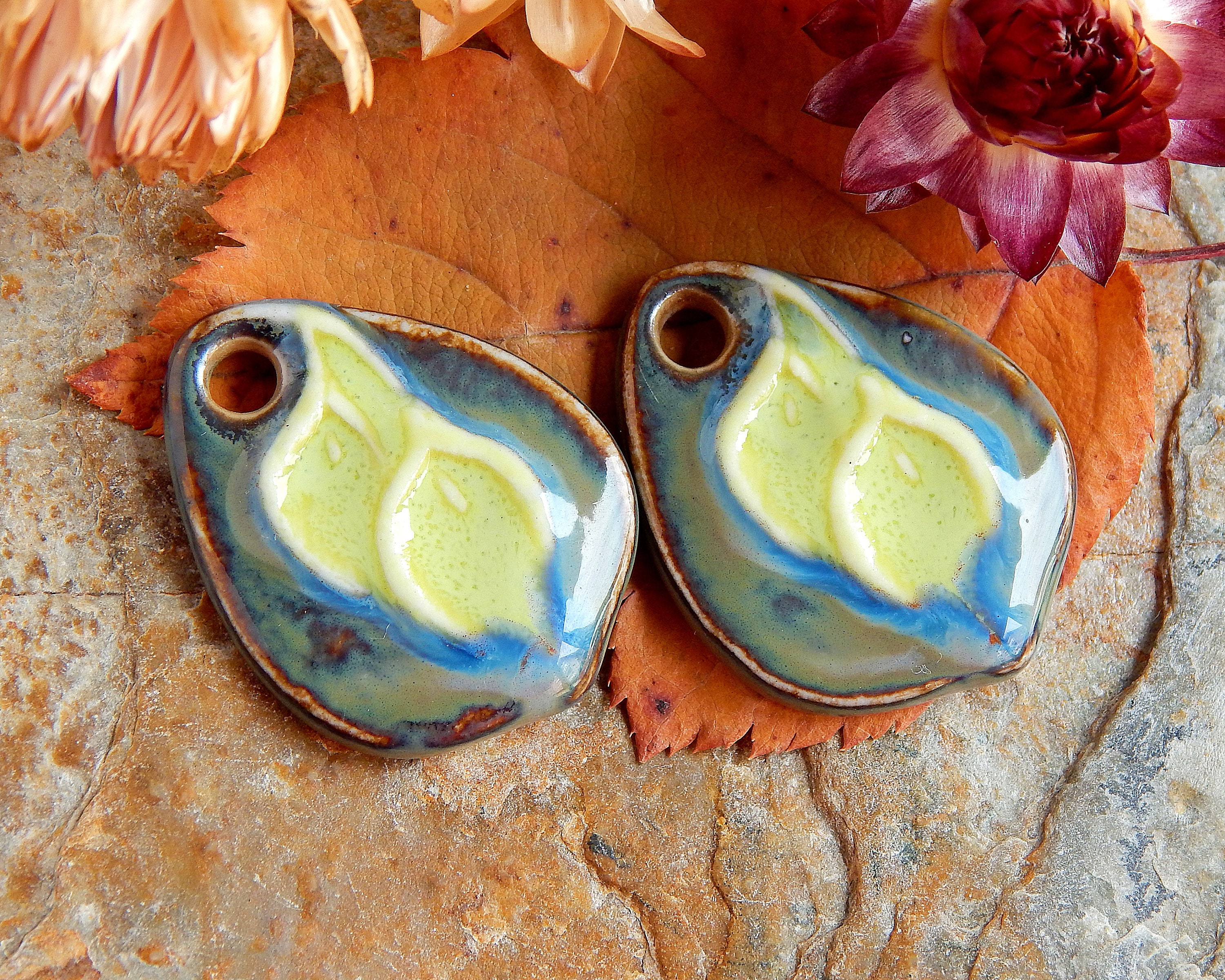Calla Lily earrings findings pair of wildflower design pendants Ceramic charms with flower pattern green jewelry making supplies