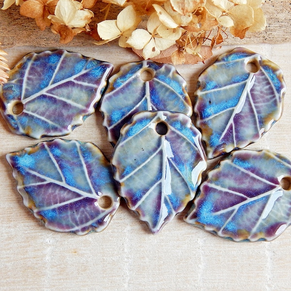 1 Realistic artisan leaf charm, Ceramic organic pendant for making necklace, Nature findings for jewelry, Rustic leaves focal for earrings