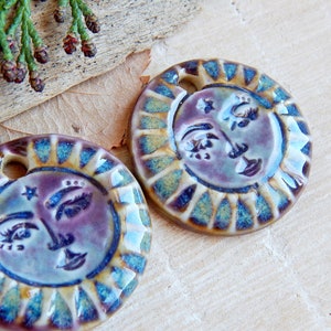 Sun face artisan charms, 2pcs Handmade round ceramic pendants, Celestial unique findings for making jewelry, Sunshine dangle art beads image 3