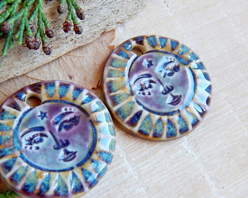 Sun face artisan charms, 2pcs Handmade round ceramic pendants, Celestial unique findings for making jewelry, Sunshine dangle art beads image 3