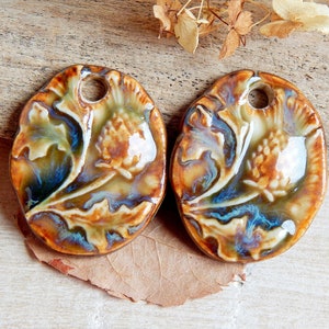 Earthy ceramic charms, Artisan flower pendants, Pair of rustic porcelain components, Boho findings to make earrings, Ceramic beads