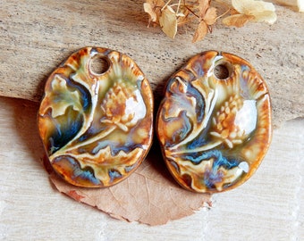 Earthy ceramic charms, Artisan flower pendants, Pair of rustic porcelain components, Boho findings to make earrings, Ceramic beads