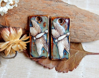 Pair handmade dragonfly earring charms, Ceramic pendants making jewelry, Artisan nature components, Handcrafted boho findings, Ceramic beads