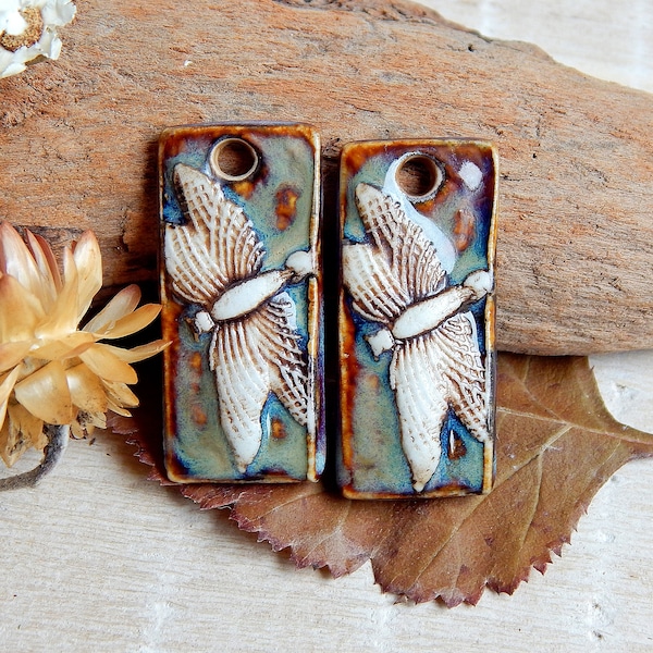 Pair handmade dragonfly earring charms, Ceramic pendants making jewelry, Artisan nature components, Handcrafted boho findings, Ceramic beads