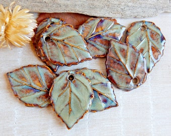 1 Realistic ceramic leaf charm, Artisan organic focal for making jewelry, Nature findings for necklace, Rustic leaves pendant for earrings