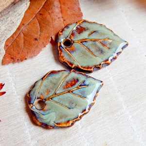 Pair brown ceramic leaves charms to make earrings, Handmade forest pendants for necklace, Artisan autumn components, Leaf jewelry findings image 2