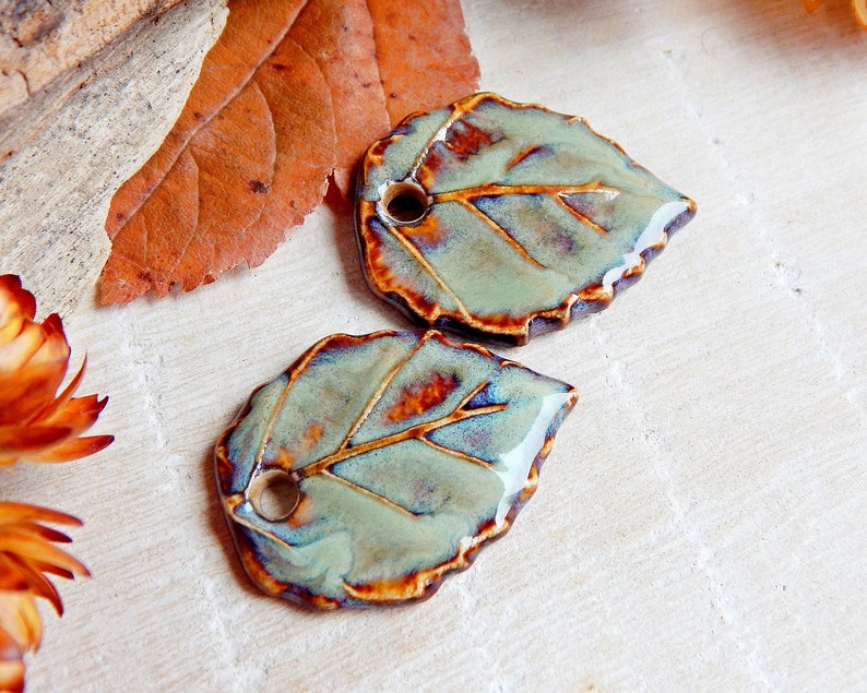 Pair brown ceramic leaves charms to make earrings, Handmade forest pendants for necklace, Artisan autumn components, Leaf jewelry findings image 2