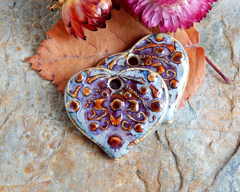 Purple heart ceramic charms, 2pcs rustic flower pendants, dangle earring findings, large boho jewelry making supplies, porcelain charms image 6