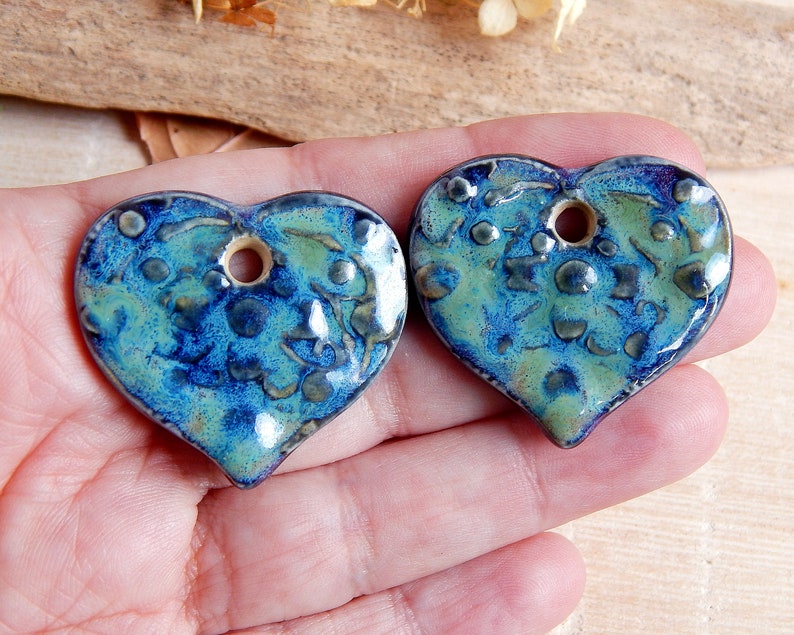 Handmade ceramic heart charms, Pair flower pendants, Dangle purple necklace findings, Boho jewelry making supplies, Big ceramic beads image 2