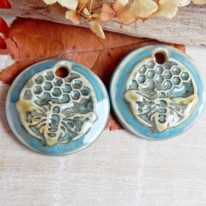 Honeycomb round earring charms, 2 honey bee artisan ceramic jewelry components, Handcrafted boho findings, Handmade unique pendants image 5