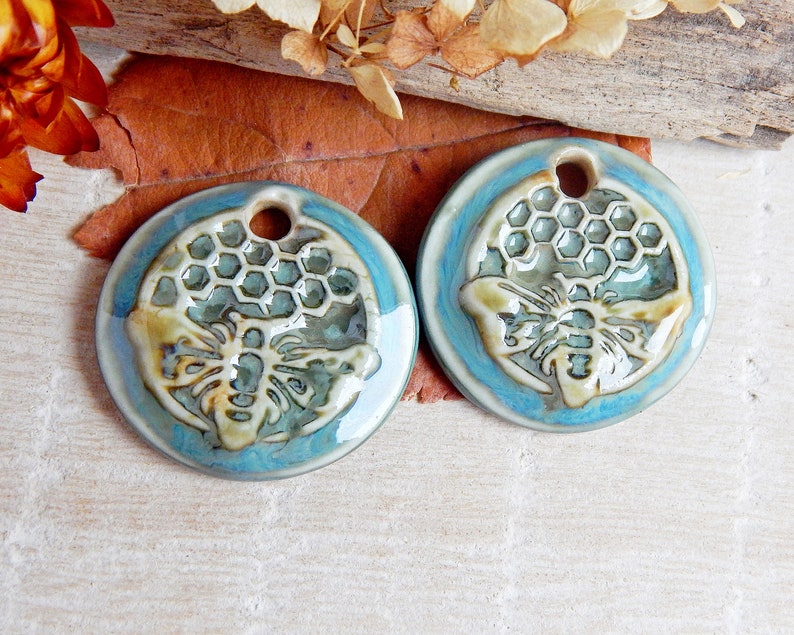 Honeycomb round earring charms, 2 honey bee artisan ceramic jewelry components, Handcrafted boho findings, Handmade unique pendants image 5