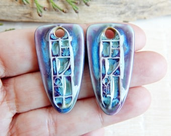 Geometric handmade ceramic charms, Purple artisan earring findings, 2 pc Handcrafted textured components for making jewelry, Porcelain beads