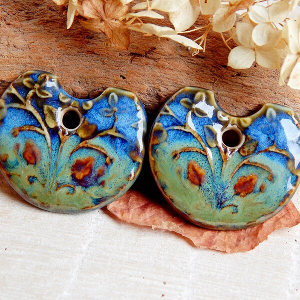 Flower dangle ceramic charms, Green and blue artisan charms, 2pcs handcrafted pendants, Rustic porcelain findings, Boho components