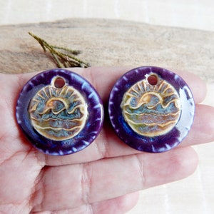 Sunset ceramic earring charms, 2 pcs Handmade sea components for jewelry making, Purple artisan dangle boho pendant, Porcelain beads