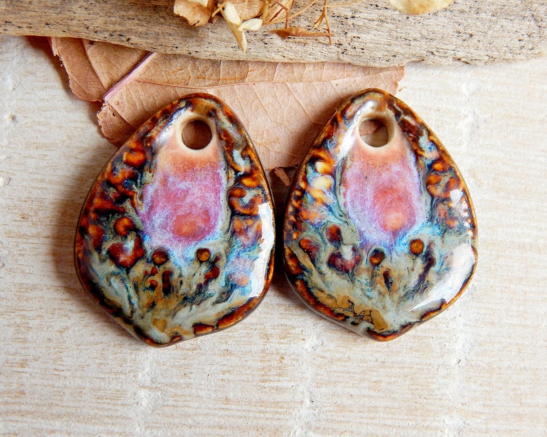 Drop ceramic earring charms, earthy pendants to jewelry making, boho artisan findings, large pottery beads of boho style, handcrafted charms image 3