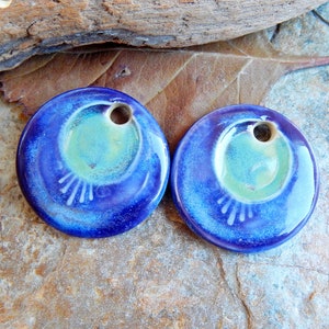 Round handcrafted earring charms, Pair dangle ceramic beads, Boho ceramic pendant for making jewelry, 2 pcs handmade blue focal image 5