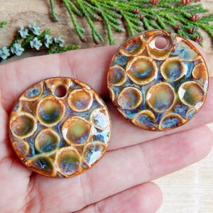 Artisan circles charms for earring making, Textured round ceramic jewelry components, Organic rustic findings, Pair handmade earthy pendants image 5