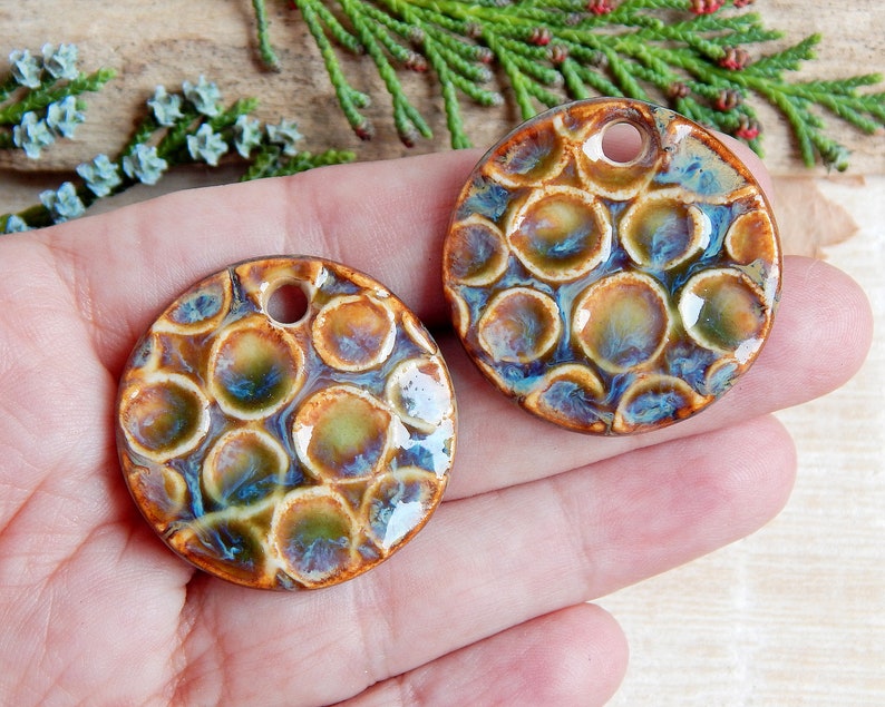 Artisan circles charms for earring making, Textured round ceramic jewelry components, Organic rustic findings, Pair handmade earthy pendants image 5