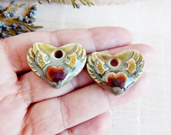 Heart with Wings earring charms ceramic, Artisan bracelet charms, Boho findings for making jewelry, Handmade small components, Ceramic beads