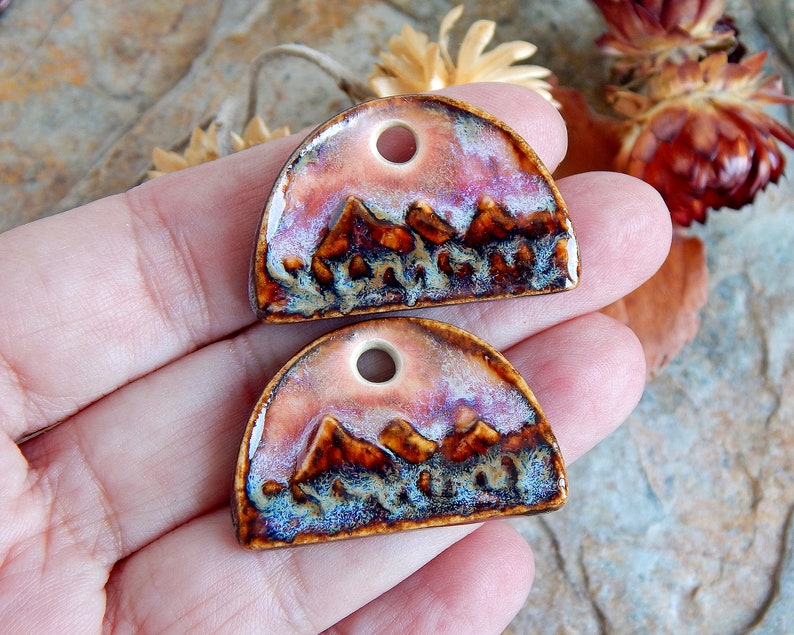 Landscape earring charms of ceramic, Artisan mountains components for making jewelry, Handcrafted nature findings, Dangle beads image 3