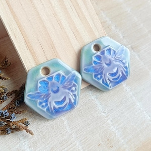 Bee in the honeycomb charms, Artisan bumblebee ceramic pendants, 2pcs Nature inspired porcelain components, Boho findings to make earrings