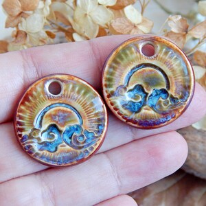 Clouds round earring charms, Pair boho ceramic charms, Artisan circle sun components, Handmade unique findings for making jewelry image 5