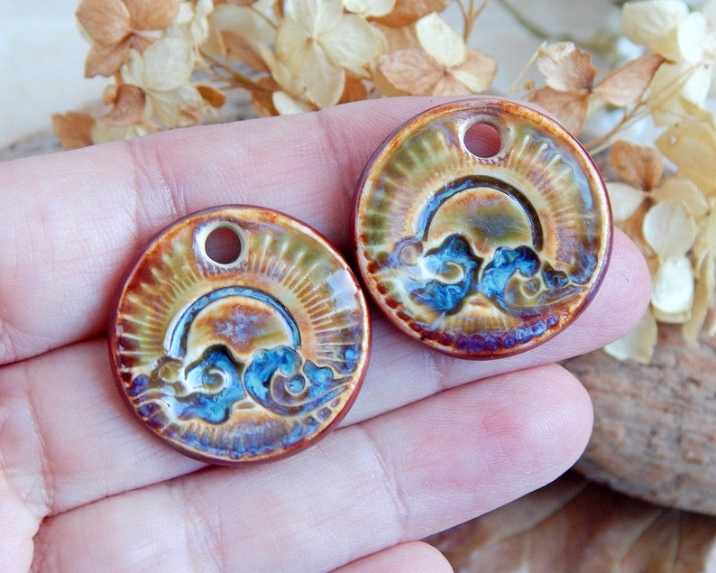 Clouds round earring charms, Pair boho ceramic charms, Artisan circle sun components, Handmade unique findings for making jewelry image 5