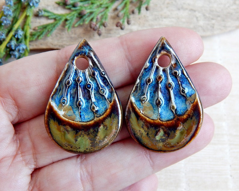 Artisan teardrop charms, 2pcs Rustic ceramic earring pendants, Organic boho components for making jewelry, Handmade dangle art beads image 3