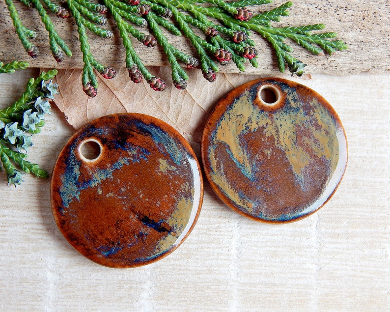 Artisan circles charms for earring making, Textured round ceramic jewelry components, Organic rustic findings, Pair handmade earthy pendants image 6