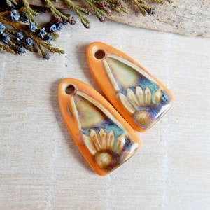 Orange Floral Artisan Ceramic Charms, 2pcs Handcrafted boho long earring findings, Handmade unique porcelain components for making jewelry