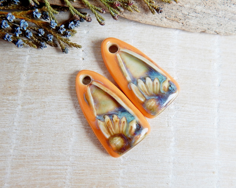 Orange Floral Artisan Ceramic Charms, 2pcs Handcrafted boho long earring findings, Handmade unique porcelain components for making jewelry image 1