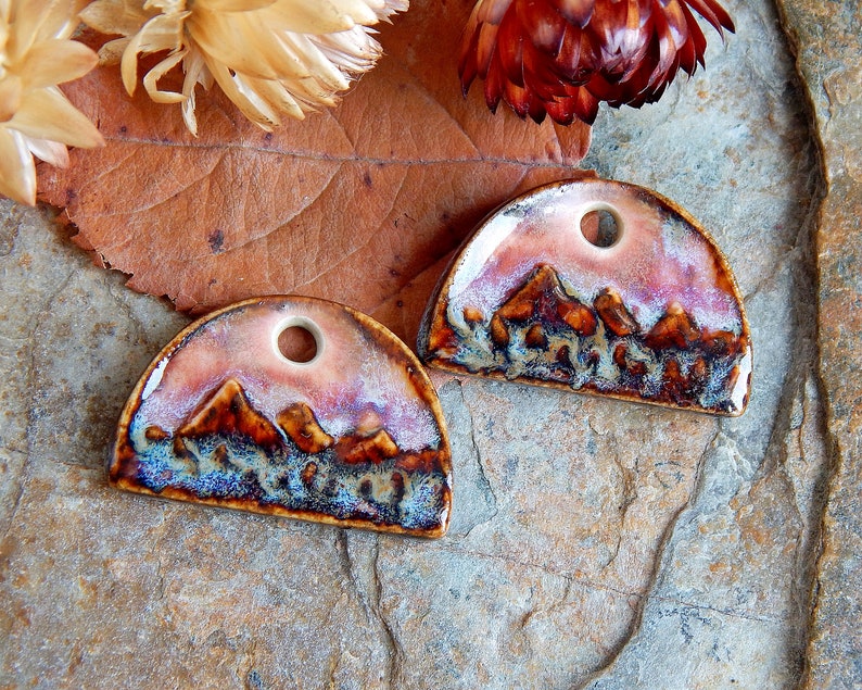 Landscape earring charms of ceramic, Artisan mountains components for making jewelry, Handcrafted nature findings, Dangle beads image 6