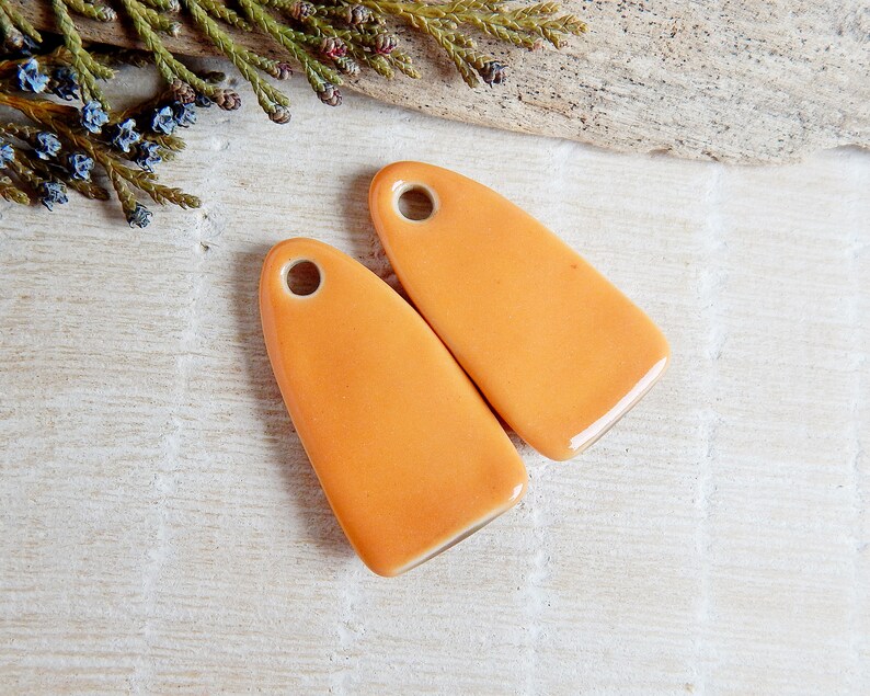 Orange Floral Artisan Ceramic Charms, 2pcs Handcrafted boho long earring findings, Handmade unique porcelain components for making jewelry image 6