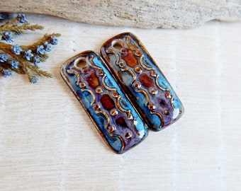 Artisan rustic earring charms, 2pcs Boho ceramic pendants for jewelry making, Handmade unique rectangle findings, Earthy porcelain beads