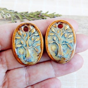 Tree of life ceramic charms, Artisan nature pendants, Pair of oval porcelain components, Boho findings to make earrings, Ceramic beads image 5