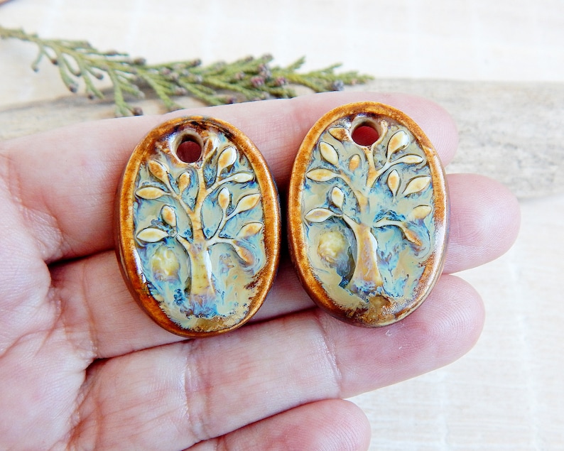 Tree of life ceramic charms, Artisan nature pendants, Pair of oval porcelain components, Boho findings to make earrings, Ceramic beads image 5