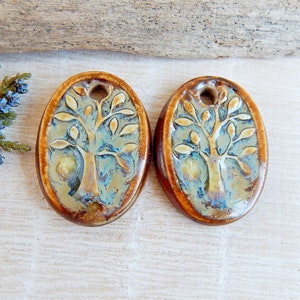 Tree of life ceramic charms, Artisan nature pendants, Pair of oval porcelain components, Boho findings to make earrings, Ceramic beads image 3