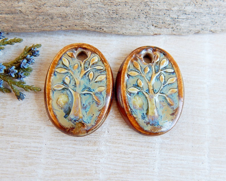 Tree of life ceramic charms, Artisan nature pendants, Pair of oval porcelain components, Boho findings to make earrings, Ceramic beads image 3