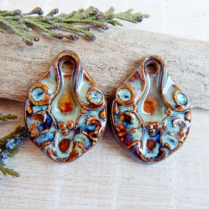 Artisan boho drop earring charms, Pair handmade ceramic charms, Rustic organic findings to make jewelry, Handcrafted textured ceramic beads