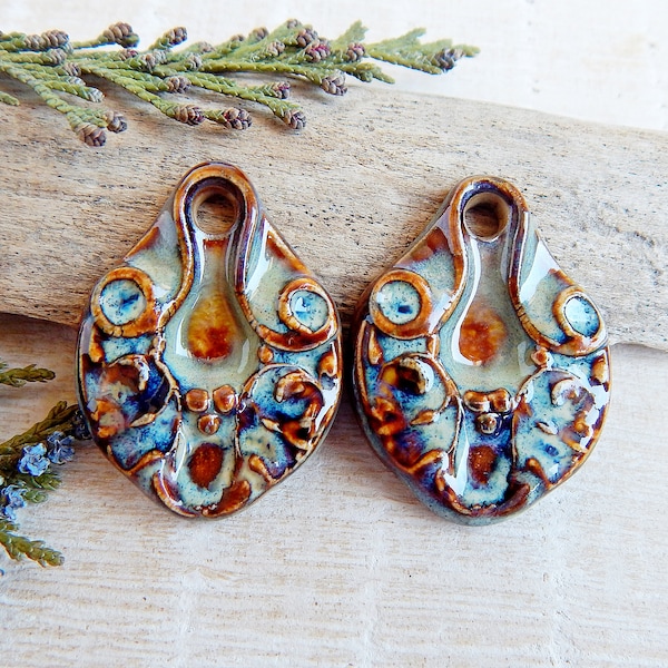 Artisan boho drop earring charms, Pair handmade ceramic charms, Rustic organic findings to make jewelry, Handcrafted textured ceramic beads