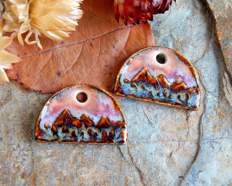 Landscape earring charms of ceramic, Artisan mountains components for making jewelry, Handcrafted nature findings, Dangle beads image 4