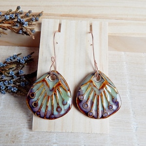 Dangle texture artisan earrings of porcelain, Boho rustic drop ceramic and copper earrings, Hand painted dangle statement earrings