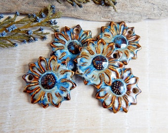 Artisan pendant rustic flower, 1pc Handmade ceramic focal, Boho big charm for making necklace, Unique handcrafted porcelain componets