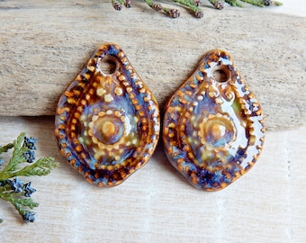 Artisan drop earring charms of ceramic, Handmade boho long jewelry findings, 2pcs porcelain pendants to make necklace, Unique dangle beads
