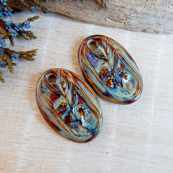 Artisan rustic big jewelry charms of ceramic, 2 pcs Wildflowers handmade findings, Handcrafted oval floral pendants, Unusual porcelain beads