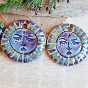 Sun face artisan charms, 2pcs Handmade round ceramic pendants, Celestial unique findings for making jewelry, Sunshine dangle art beads image 1